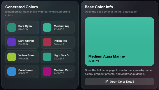 Palette generator screenshot showing generated supporting colors and a base color info panel.