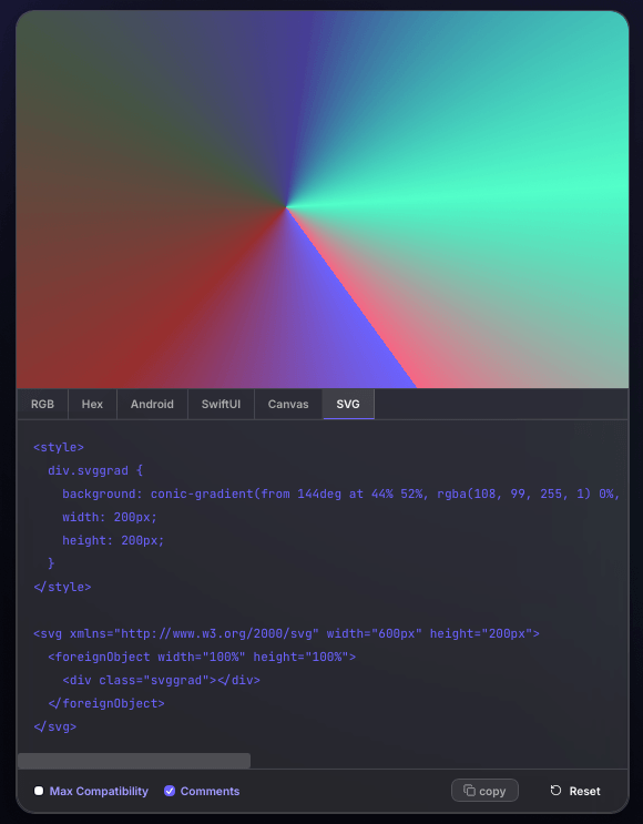 Gradient builder screenshot showing conic gradient preview with the SVG code output tab open.