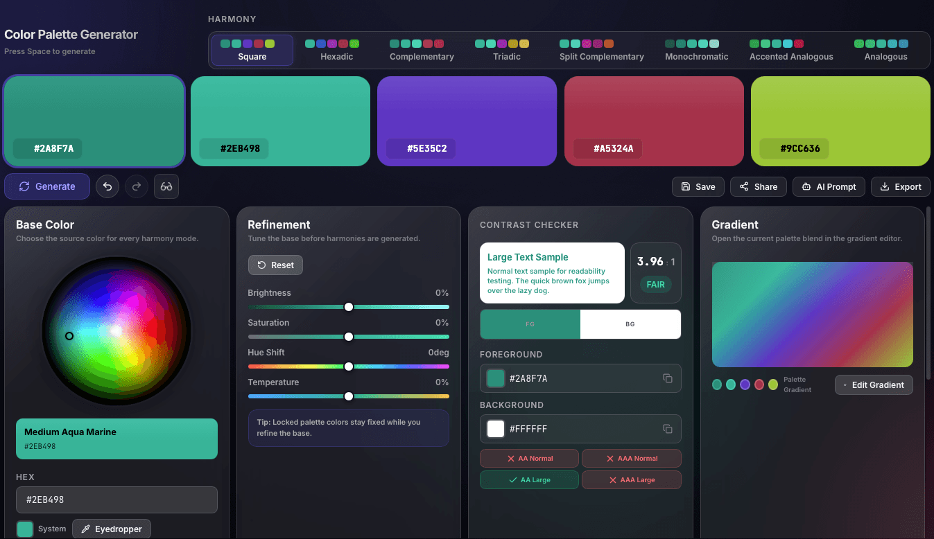 Full palette generator screenshot showing the palette row, refinement controls, contrast checker, and linked gradient preview.
