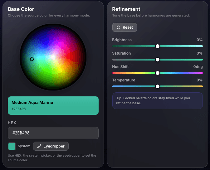 Palette generator refinement screenshot showing the base color wheel, HEX field, eyedropper, and refinement sliders.